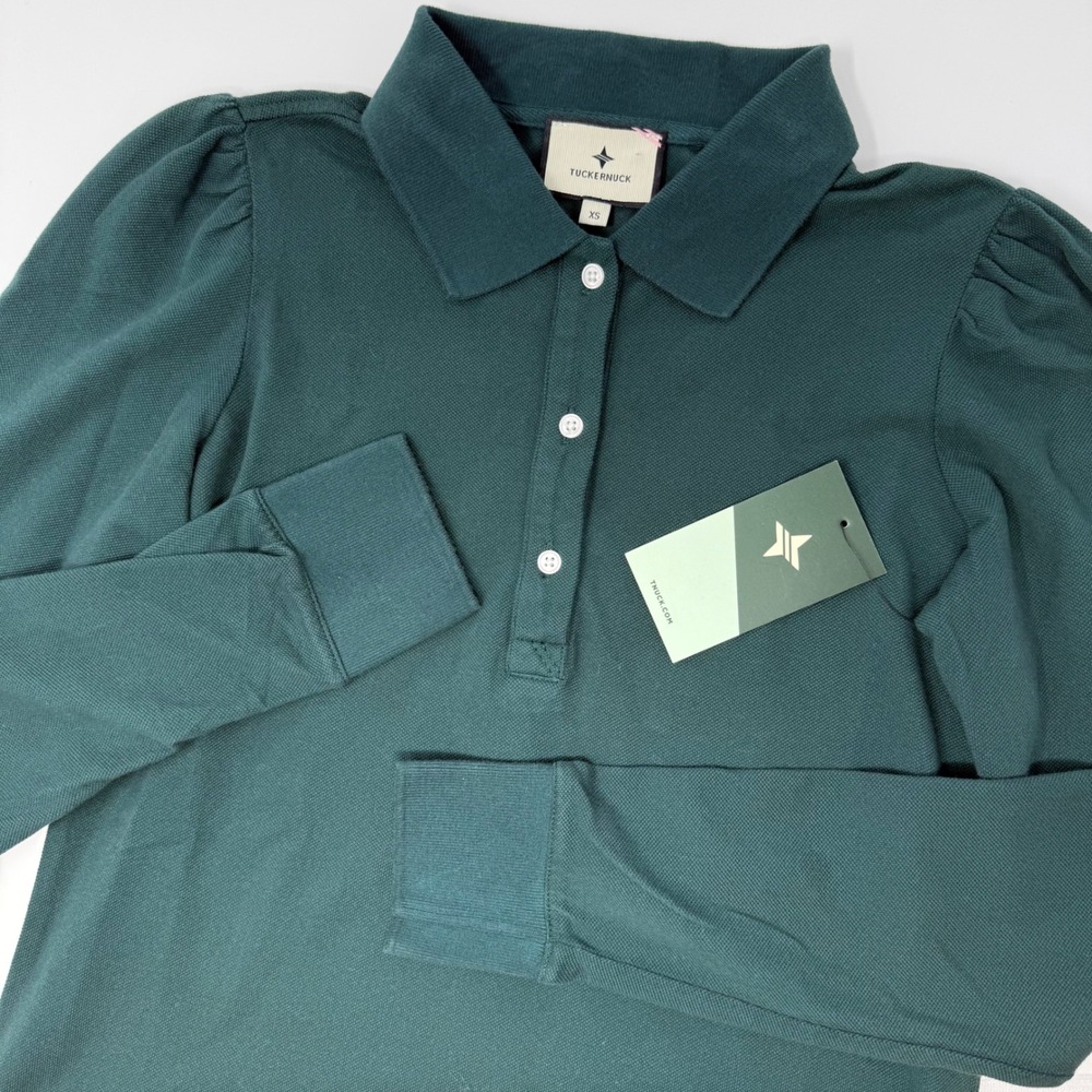 Tuckernuck June Bug Green Cotton Puffed Sleeve Collared Polo Shirt Womens XS NEW